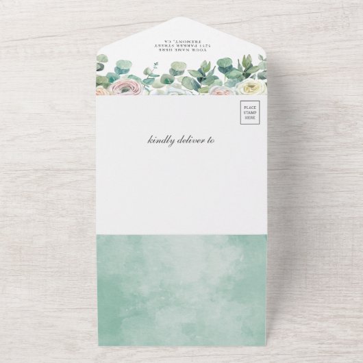 Rustige Zachte Rozen EucalyptusBaby shower All In One Uitnodiging (Buitenkant)