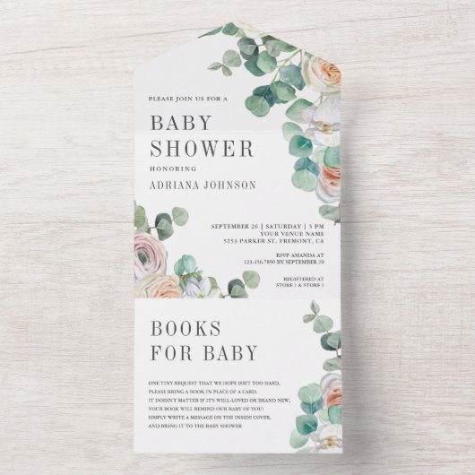 Rustige Zachte Rozen EucalyptusBaby shower All In One Uitnodiging (Binnen)