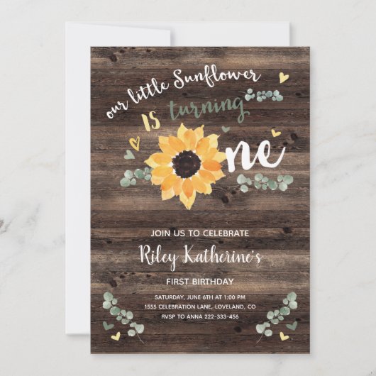 Rustige Zonnebloem 1e verjaardag Uitnodiging (Voorkant)