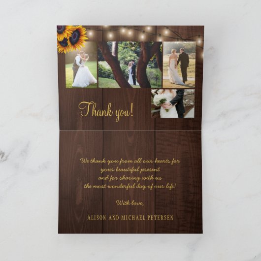 Rustige zonnebloem 5 fotocollage bruiloft bedankkaart (Binnen)