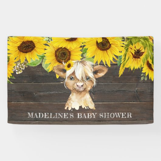 Rustige zonnebloem Baby shower Koe Highland Spandoek (Horizontaal)