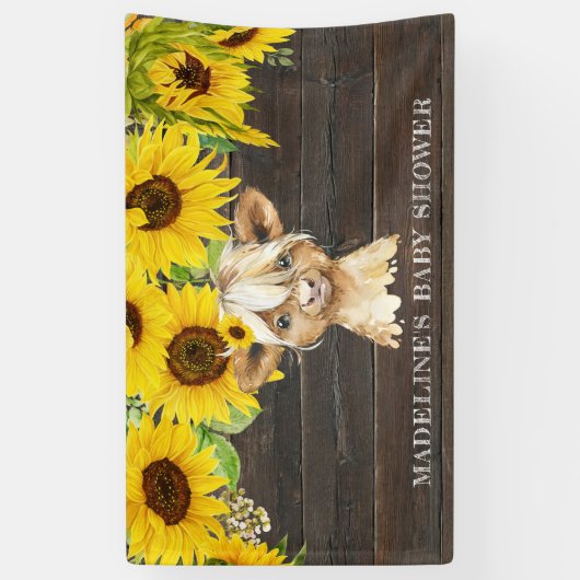 Rustige zonnebloem Baby shower Koe Highland Spandoek (Verticaal)