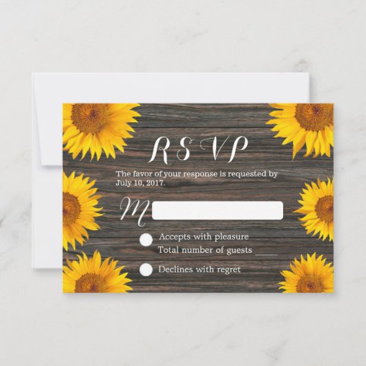 Rustige Zonnebloem Barn Wood Wedding RSVP (Voorkant)