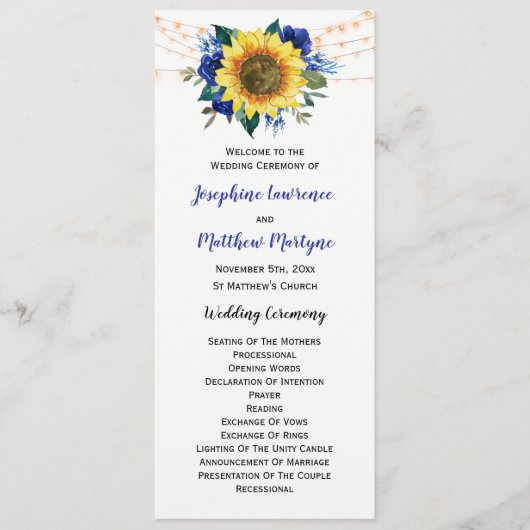 Rustige zonnebloem Blue Floral Wedding Programma (Voorkant)