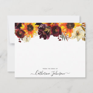 Rustige Zonnebloem Bourgogne Roos Floral Waterverf Notitiekaartje