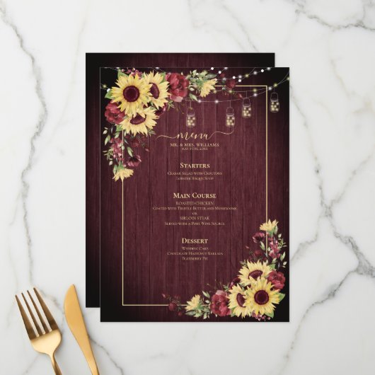 Rustige zonnebloem Bourgundy Wood Floral Wedding Menu (Voorkant / Achterkant in situ)
