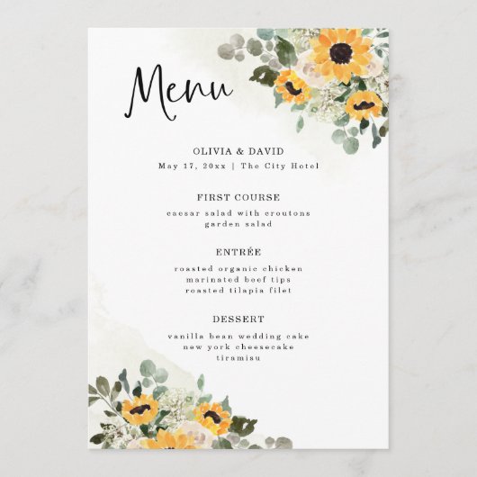 Rustige zonnebloem | Eenvoudige Waterverf bruiloft Menu (Voorkant)