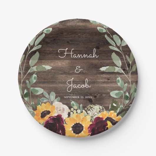 Rustige zonnebloem en Rozen Hout Weddenschap Papieren Bordje (Voorkant)