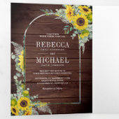 Rustige zonnebloem Eucalyptus Arch Barn Wood Wedde Drieluik Uitnodiging (Binnenzijde eerst)