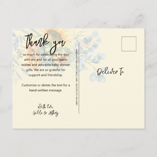 Rustige zonnebloem Eucalyptus Baby shower Dank u w Briefkaart (Achterkant)