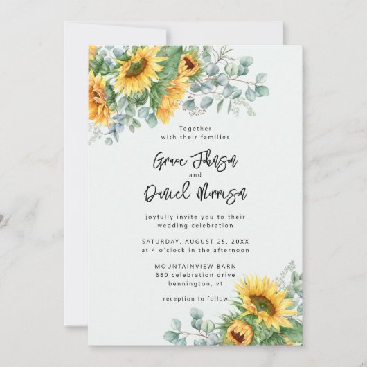 Rustige zonnebloem Eucalyptus Floral Wedding Kaart (Voorkant)