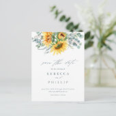 Rustige zonnebloem Eucalyptus Weddenschap sparen d Aankondigingskaart (Staand voorkant)