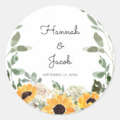 Rustige zonnebloem Eucalyptus Wedding Favor Ronde Sticker (Voorkant)