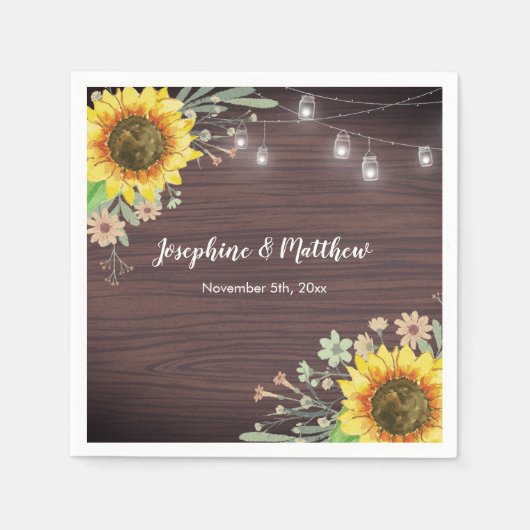 Rustige zonnebloem Hout Jar Lights Wedding Servet (Voorkant)