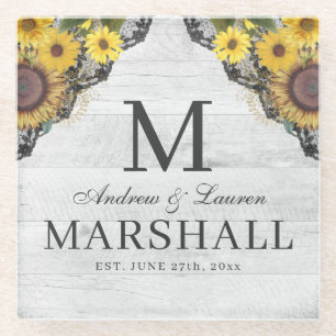 Rustige zonnebloem Lace Wood Couple Names Glazen Onderzetter