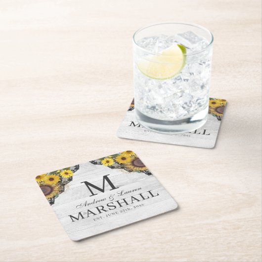 Rustige zonnebloem Lace Wood Couple Summer Weddens Vierkante Kartonnen Onderzetter (Insitu)