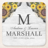 Rustige zonnebloem Lace Wood Couple Summer Weddens Vierkante Kartonnen Onderzetter (Voorkant)