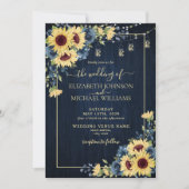 Rustige zonnebloem Navy Blue Wood Floral Wedding Kaart (Voorkant)