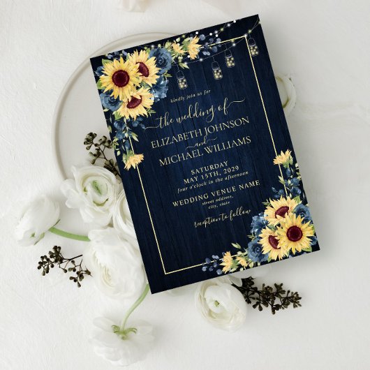 Rustige zonnebloem Navy Blue Wood Floral Wedding Kaart