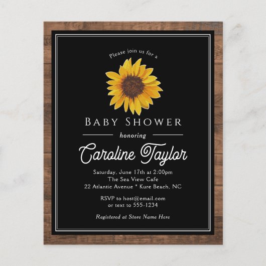 Rustige zonnebloem op uitnodiging van Baby shower  (Voorkant)