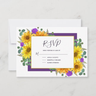 Rustige Zonnebloem Paarse Rozen Land Weddenschap RSVP Kaartje