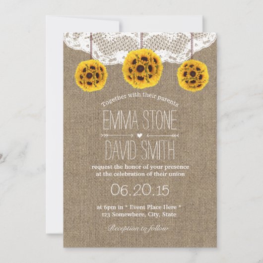 Rustige Zonnebloem Pomanders Lace & Burlap Wedding Kaart (Voorkant)