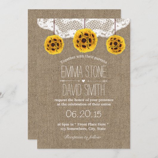 Rustige Zonnebloem Pomanders Lace & Burlap Wedding Kaart (Voorkant / Achterkant)