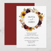 Rustige zonnebloem Roos Burgundy Herfst Wreath Wed Kaart (Voorkant / Achterkant)