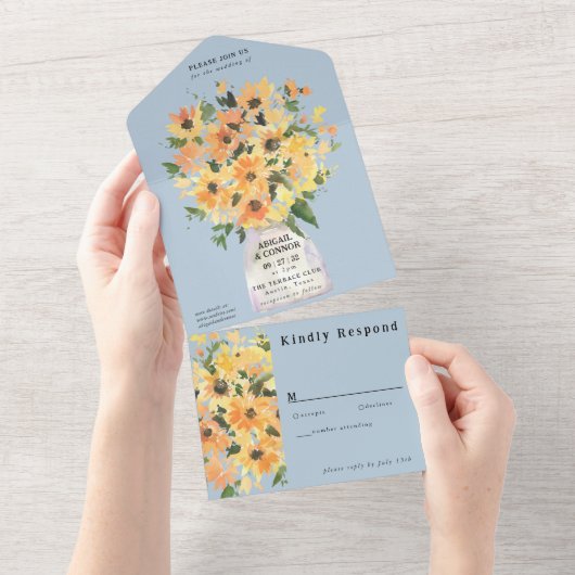 Rustige zonnebloem Waterverf in één Inv All In One Uitnodiging (Afscheurbaar)