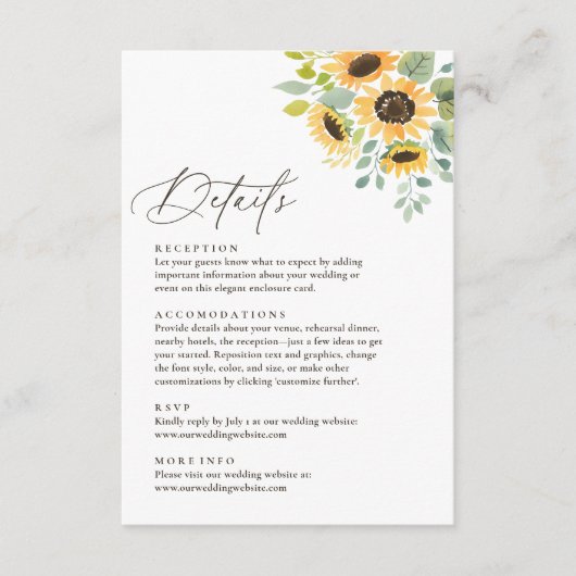 Rustige zonnebloembruiloft — Gegevens Informatiekaartje (Voorkant)