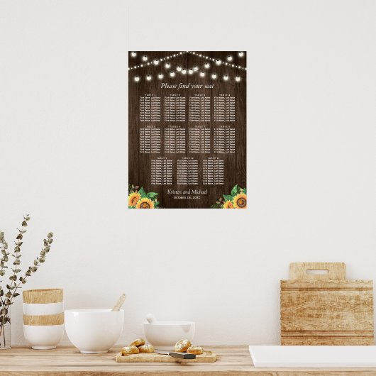 Rustige zonnebloemen 11 Tables Wedding Seating Cha Poster (Keuken)
