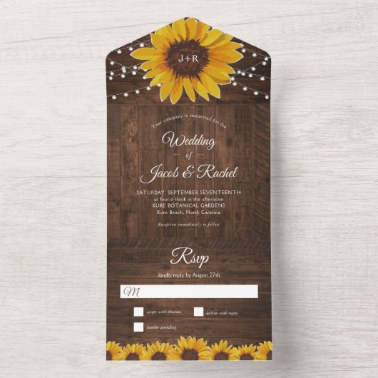Rustige zonnebloemen Alle in één bruiloft All In One Uitnodiging (Binnen)