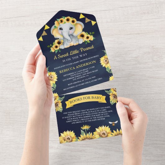 Rustige zonnebloemen Baby shower blauw olifant All In One Uitnodiging (Afscheurbaar)