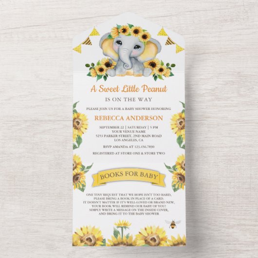 Rustige zonnebloemen Baby shower met ezelaar All In One Uitnodiging (Binnen)