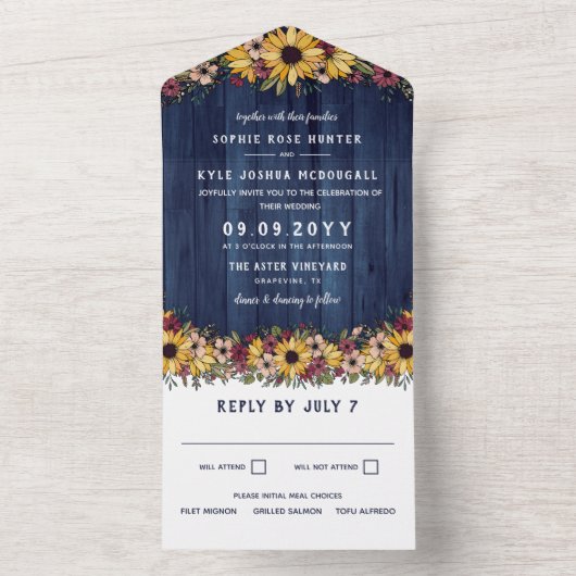 Rustige zonnebloemen Blue Wood Grain Wedding All In One Uitnodiging (Binnen)