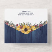 Rustige zonnebloemen Blue Wood Grain Wedding All In One Uitnodiging (Achterkant)