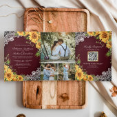 Rustige zonnebloemen Burgundy Wood QR Code Weddens Drieluik Uitnodiging