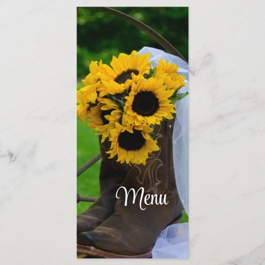Rustige zonnebloemen Cowboy Boots Westerne bruilof Menu (Voorkant)