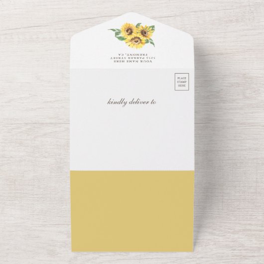 Rustige zonnebloemen Elefant Baby shower All In One Uitnodiging (Buitenkant)