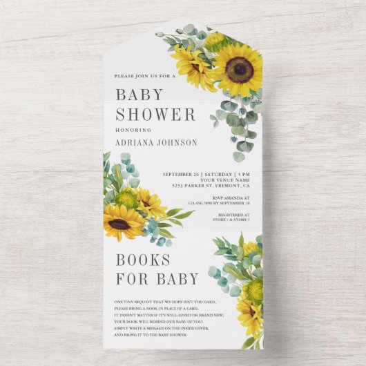 Rustige zonnebloemen Eucalyptus Leaves Baby shower All In One Uitnodiging (Binnen)