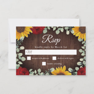 Rustige zonnebloemen Eucalyptus Red Roses Wedding RSVP Kaartje