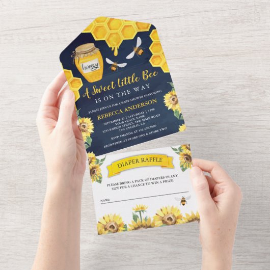 Rustige zonnebloemen honingbijenblauw Baby shower All In One Uitnodiging (Afscheurbaar)