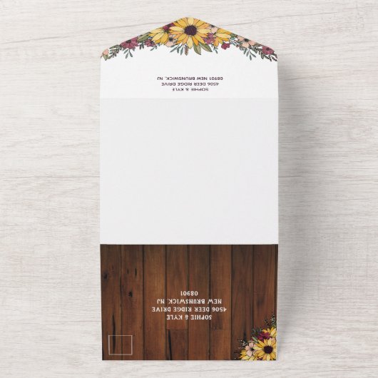 Rustige zonnebloemen Houtkorrelig All In One Uitnodiging (Buitenkant)