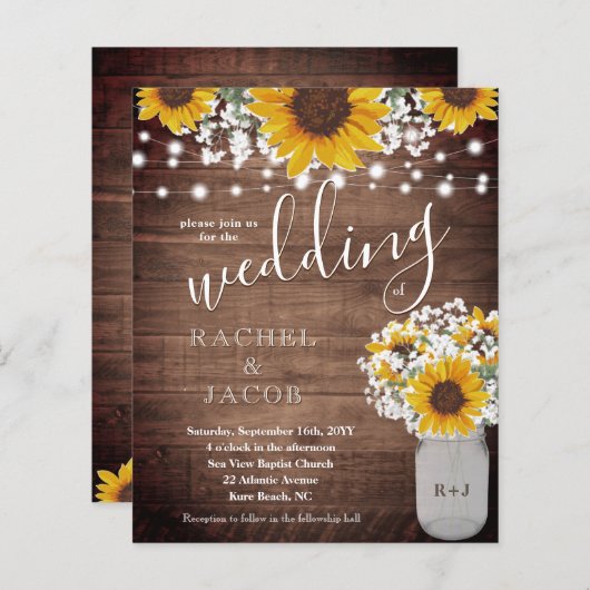 Rustige zonnebloemen Mason Jar Lights Weddenschap (Voorkant / Achterkant)