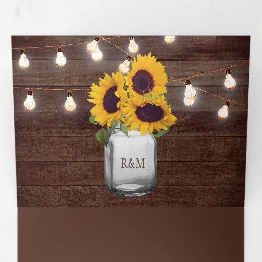 Rustige zonnebloemen Mason Jar String Lights Weddi Drieluik Uitnodiging (Binnenzijde eerst)