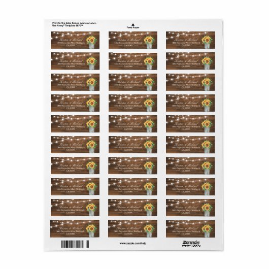 Rustige zonnebloemen Mason Jar String Lights Wood Etiket (Full Sheet)
