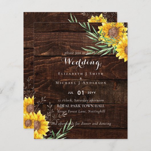 Rustige zonnebloemen Olive Leaves Wedding Invite (Voorkant / Achterkant)