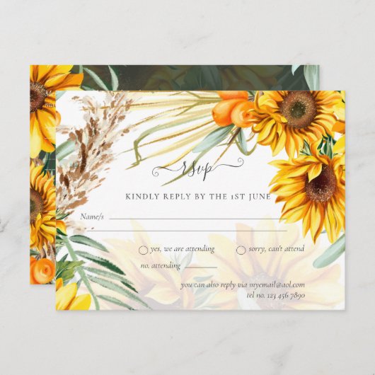 Rustige zonnebloemen Pampas Grass Wedding Briefkaart (Voorkant / Achterkant)