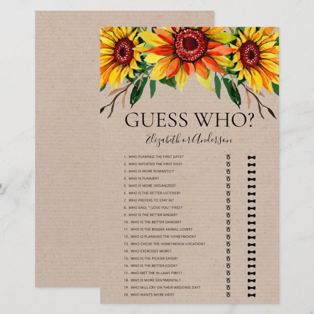 Rustige zonnebloemen raden wie Vrijgezellenfeest i (Voorkant / Achterkant)