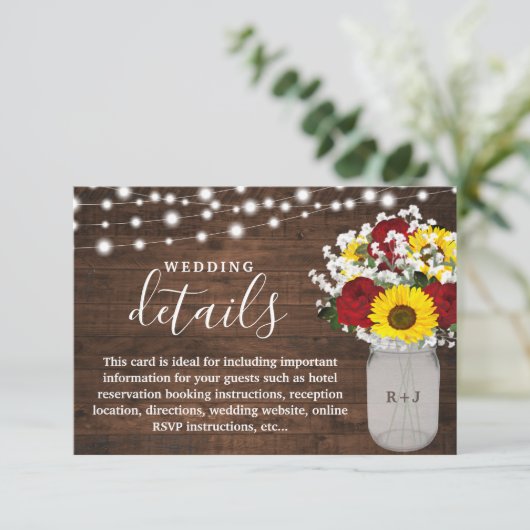 Rustige zonnebloemen Rozen Mason Jar Wedding Detai Informatiekaartje (Staand voorkant)